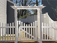 <b>White Vinyl Picket Fence with dip and Arbor walk Gate-6 foot high Privacy Fence with Transition section between Fence heights</b>